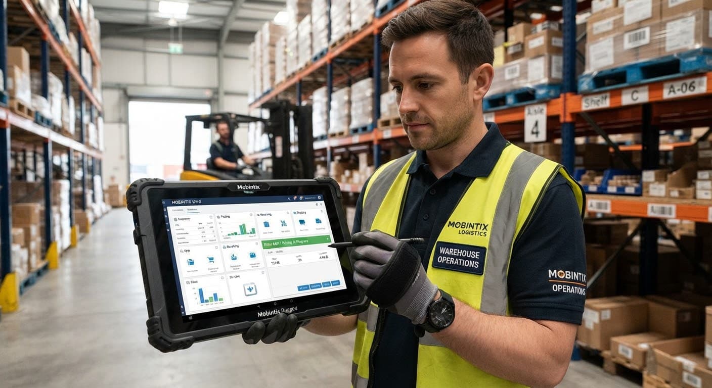 Operations manager reviewing fleet routes, warehouse activity, and field team performance on a tablet